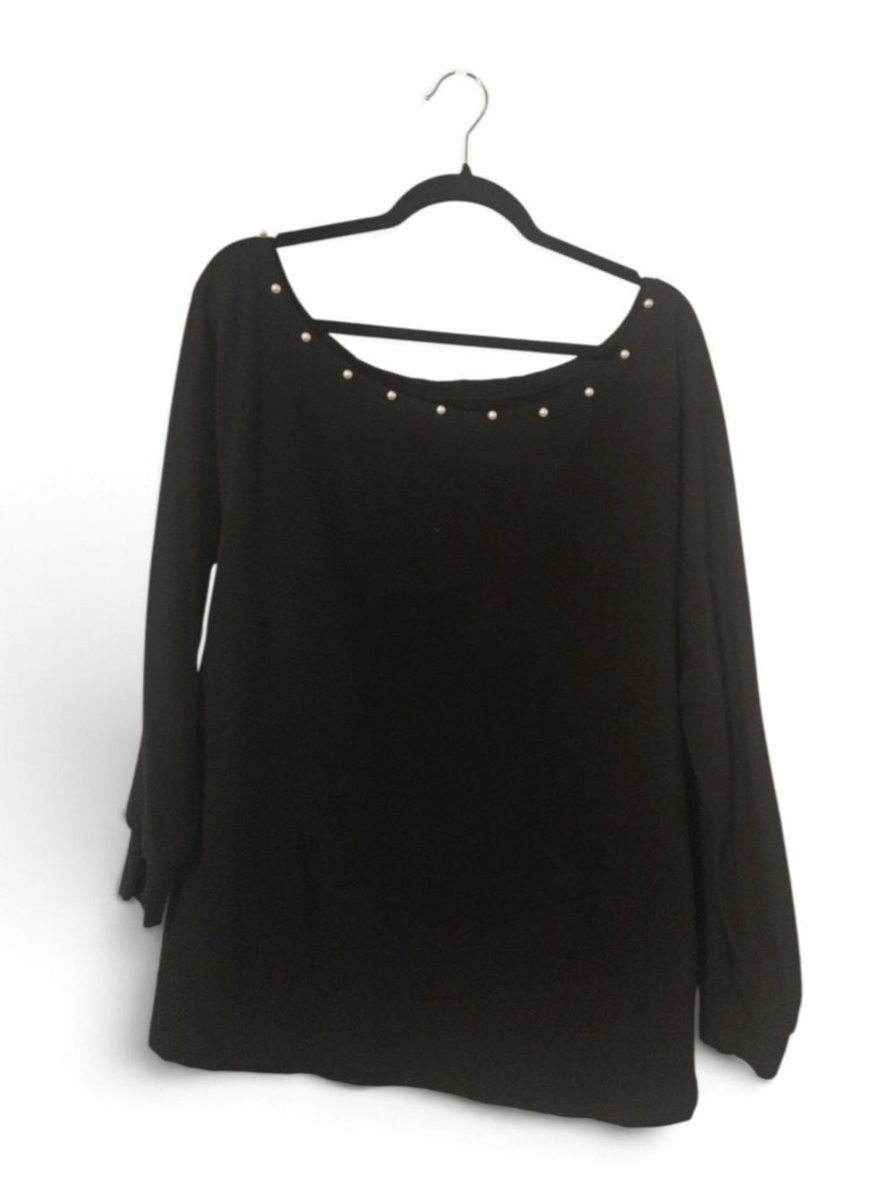 Black Stud-Trim Long Sleeve Asymmetric Women's Top